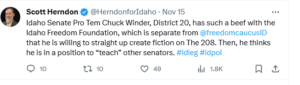 Herndon here to lose friends and influence no-one, publicly expressing his disrespect for Idaho Senate Leadership from his own party!